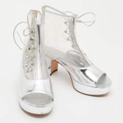 Chanel Silver Leather and PVC Open Toe Platform Ankle Booties Size 40