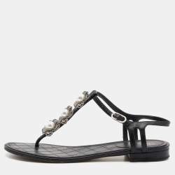 Chanel Black Leather Faux Pearl Camellia T-Strap Flat Sandals Size 41