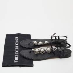 Chanel Black Leather Faux Pearl Camellia T-Strap Flat Sandals Size 41