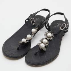 Chanel Black Leather Faux Pearl Camellia T-Strap Flat Sandals Size 41