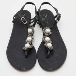 Chanel Black Leather Faux Pearl Camellia T-Strap Flat Sandals Size 41
