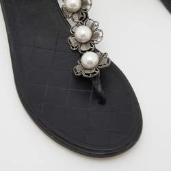 Chanel Black Leather Faux Pearl Camellia T-Strap Flat Sandals Size 41