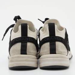 Pre Owned Chanel White/Black Knit Fabric and Suede CC Low Top Sneakers Size 40