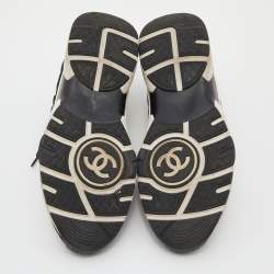 Pre Owned Chanel White/Black Knit Fabric and Suede CC Low Top Sneakers Size 40