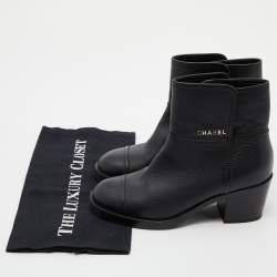 Chanel Black Leather Block Heel Ankle Boots Size 37