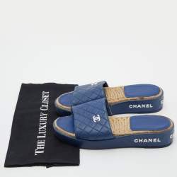 Chanel Blue Quilted Leather CC Platform Slide Sandals Size 39