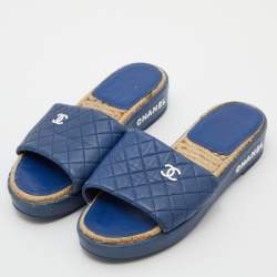 Chanel Blue Quilted Leather CC Platform Slide Sandals Size 39