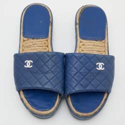 Chanel Blue Quilted Leather CC Platform Slide Sandals Size 39