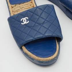 Chanel Blue Quilted Leather CC Platform Slide Sandals Size 39