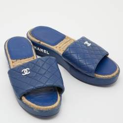 Chanel Blue Quilted Leather CC Platform Slide Sandals Size 39