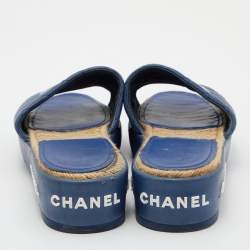 Chanel Blue Quilted Leather CC Platform Slide Sandals Size 39