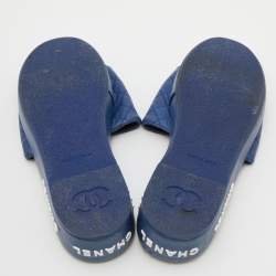 Chanel Blue Quilted Leather CC Platform Slide Sandals Size 39