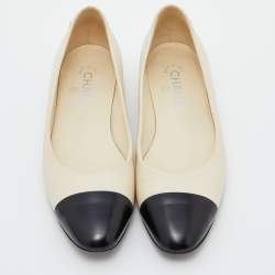 Chanel Cream/Black Leather CC Ballet Flats Size 39
