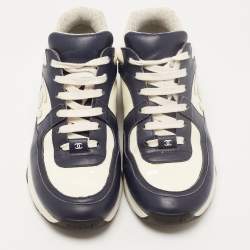 Chanel Navy Blue/Cream Leather and Patent CC Low Top Sneakers Size 38.5