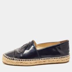 Pre Owned Chanel Navy Blue Patent Leather CC Espadrille Flats Size 36