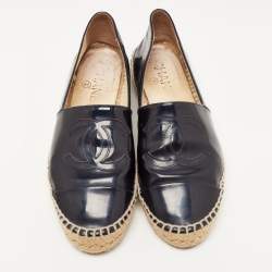 Pre Owned Chanel Navy Blue Patent Leather CC Espadrille Flats Size 36