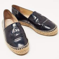 Pre Owned Chanel Navy Blue Patent Leather CC Espadrille Flats Size 36