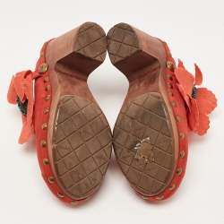 Chanel Red Suede Camelia Applique Wooden Clogs Size 37