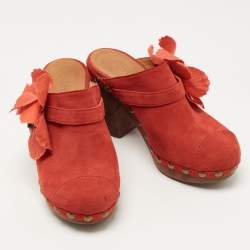 Chanel Red Suede Camelia Applique Wooden Clogs Size 37
