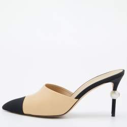 Chanel Beige/Black Leather CC Pearl Heel Pointed Toe Mules Size 41