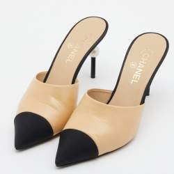 Chanel Beige/Black Leather CC Pearl Heel Pointed Toe Mules Size 41