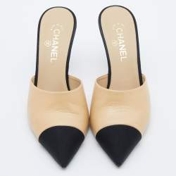 Chanel Beige/Black Leather CC Pearl Heel Pointed Toe Mules Size 41