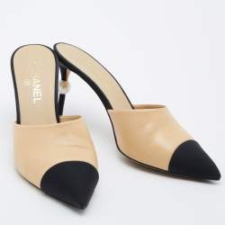 Chanel Beige/Black Leather CC Pearl Heel Pointed Toe Mules Size 41