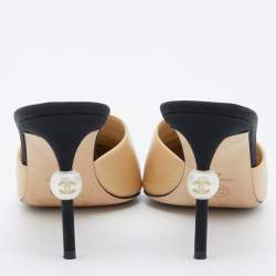 Chanel Beige/Black Leather CC Pearl Heel Pointed Toe Mules Size 41