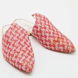Pre Owned Chanel Red/Pink Tweed and Sequins Babouche Ankle Wrap Mules Size 38