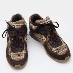 Pre Owned Chanel Multicolor Tweed and Leather CC Lace Up Sneakers Size 40