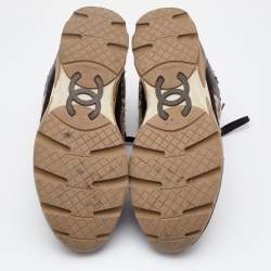 Pre Owned Chanel Multicolor Tweed and Leather CC Lace Up Sneakers Size 40