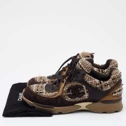 Pre Owned Chanel Multicolor Tweed and Leather CC Lace Up Sneakers Size 40