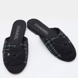 Chanel Black/Green Tweed and Fabric Camellia Flower Cap Toe Slide Mules Size 37.5