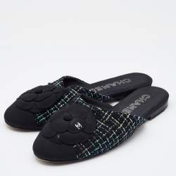 Chanel Black/Green Tweed and Fabric Camellia Flower Cap Toe Slide Mules Size 37.5