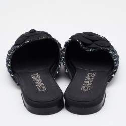 Chanel Black/Green Tweed and Fabric Camellia Flower Cap Toe Slide Mules Size 37.5