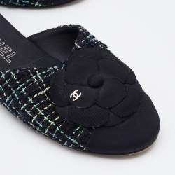 Chanel Black/Green Tweed and Fabric Camellia Flower Cap Toe Slide Mules Size 37.5
