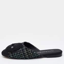 Chanel Black/Green Tweed and Fabric Camellia Flower Cap Toe Slide Mules Size 37.5