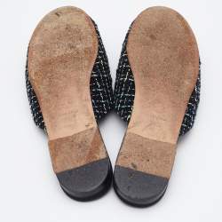 Chanel Black/Green Tweed and Fabric Camellia Flower Cap Toe Slide Mules Size 37.5