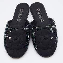 Chanel Black/Green Tweed and Fabric Camellia Flower Cap Toe Slide Mules Size 37.5
