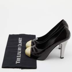 Pre Owned Chanel Black/Gold Patent and Leather CC Cap Toe Pumps 37.5