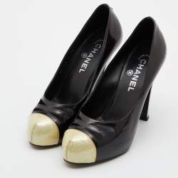 Pre Owned Chanel Black/Gold Patent and Leather CC Cap Toe Pumps 37.5
