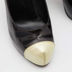 Pre Owned Chanel Black/Gold Patent and Leather CC Cap Toe Pumps 37.5