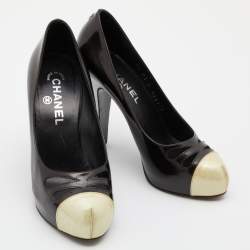 Pre Owned Chanel Black/Gold Patent and Leather CC Cap Toe Pumps 37.5