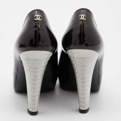 Pre Owned Chanel Black/Gold Patent and Leather CC Cap Toe Pumps 37.5