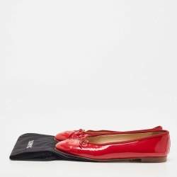 Pre Owned Chanel Red Patent  Leather CC Bow Ballet Flats Size 40.5