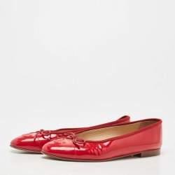 Pre Owned Chanel Red Patent  Leather CC Bow Ballet Flats Size 40.5