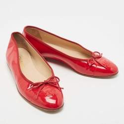 Pre Owned Chanel Red Patent  Leather CC Bow Ballet Flats Size 40.5