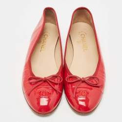 Pre Owned Chanel Red Patent  Leather CC Bow Ballet Flats Size 40.5