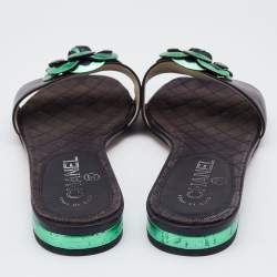 Chanel Black/Green Leather Camellia Accent Slides Size 39.5