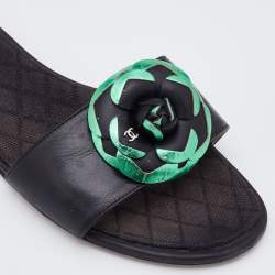 Chanel Black/Green Leather Camellia Accent Slides Size 39.5